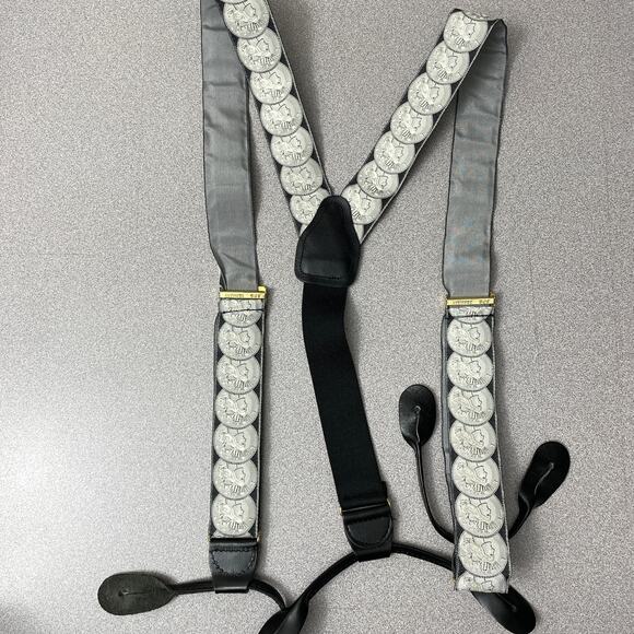 CAS Germany Silk Suspenders Mens Braces Gray Black Leather Button Coins Liberty - Picture 2 of 8